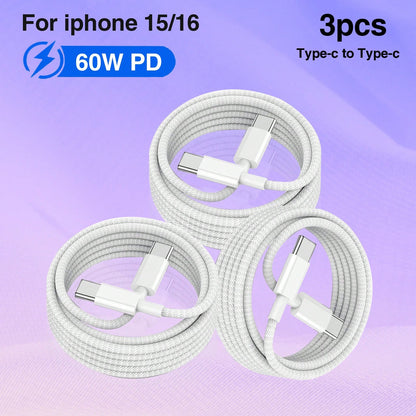 3-Pack 60W PD Nylon Braided Type-C To Type-C Charger Cable – Compatible With 15/16 (Pro/Max/Plus), Redmi & More Type-C Devices (Fast Charging Supported)