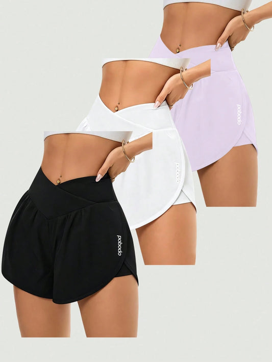 3-Pack Women's Crossover High-Waisted Running Shorts- High-Waisted Butt-Lifting Shorts For Quick-Drying Sports & Leisure, Yoga, And Fitness Training