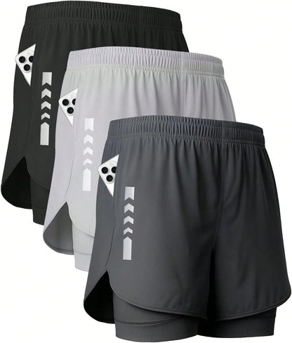 3 Pcs Men'S 2-In-1 Running Shorts, Gym Shorts With Lined Pockets