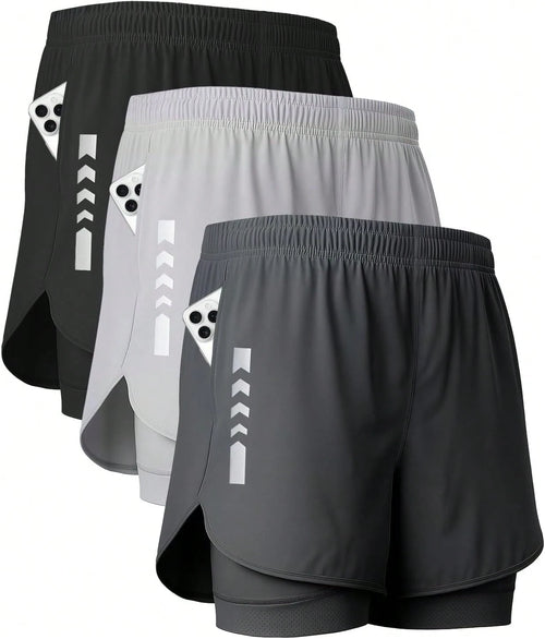3 Pcs Men'S 2-In-1 Running Shorts, Gym Shorts With Lined Pockets