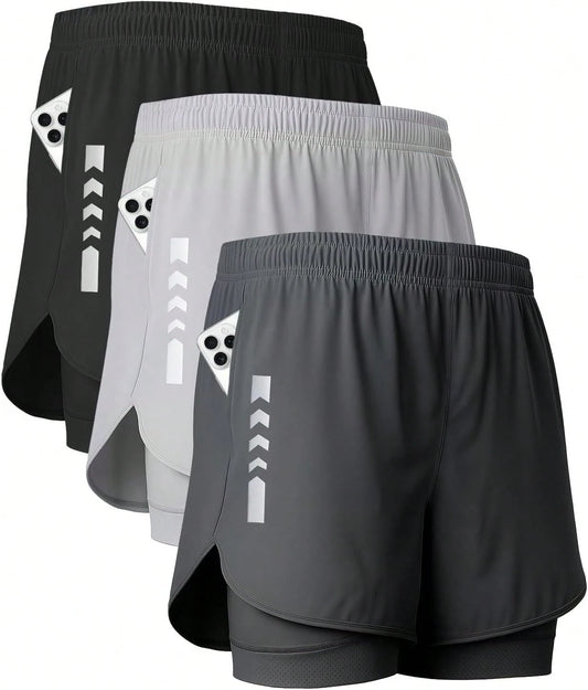 3 Pcs Men'S 2-In-1 Running Shorts, Gym Shorts With Lined Pockets