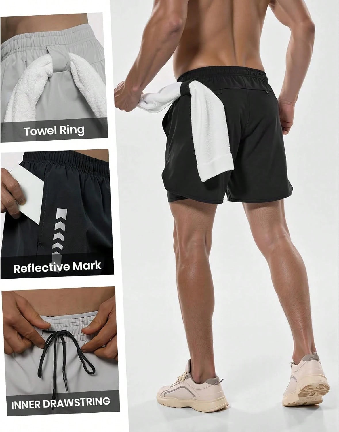 3 Pcs Men'S 2-In-1 Running Shorts, Gym Shorts With Lined Pockets