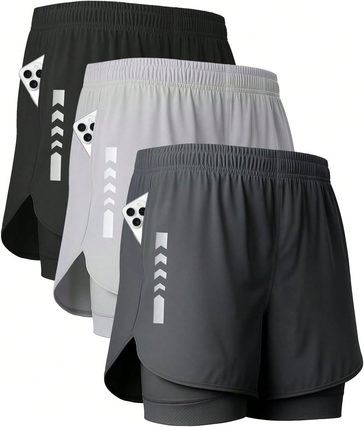 3 Pcs Men'S 2-In-1 Running Shorts, Gym Shorts With Lined Pockets