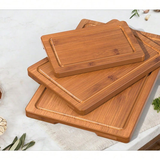 3-Piece Bamboo Cutting Board Set, Crack-Resistant With Juice Grooves, Pre-Oiled & Carbonized For Meat, Vegetables & Cheese