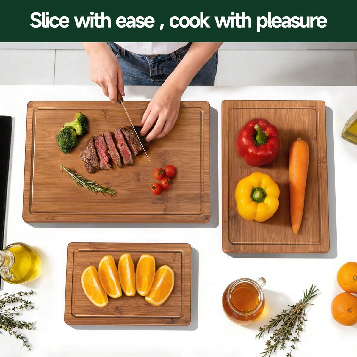 3-Piece Bamboo Cutting Board Set, Crack-Resistant With Juice Grooves, Pre-Oiled & Carbonized For Meat, Vegetables & Cheese