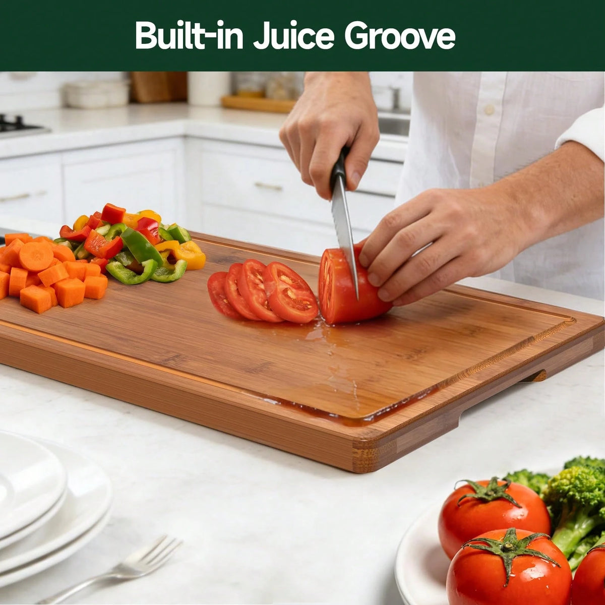3-Piece Bamboo Cutting Board Set, Crack-Resistant With Juice Grooves, Pre-Oiled & Carbonized For Meat, Vegetables & Cheese