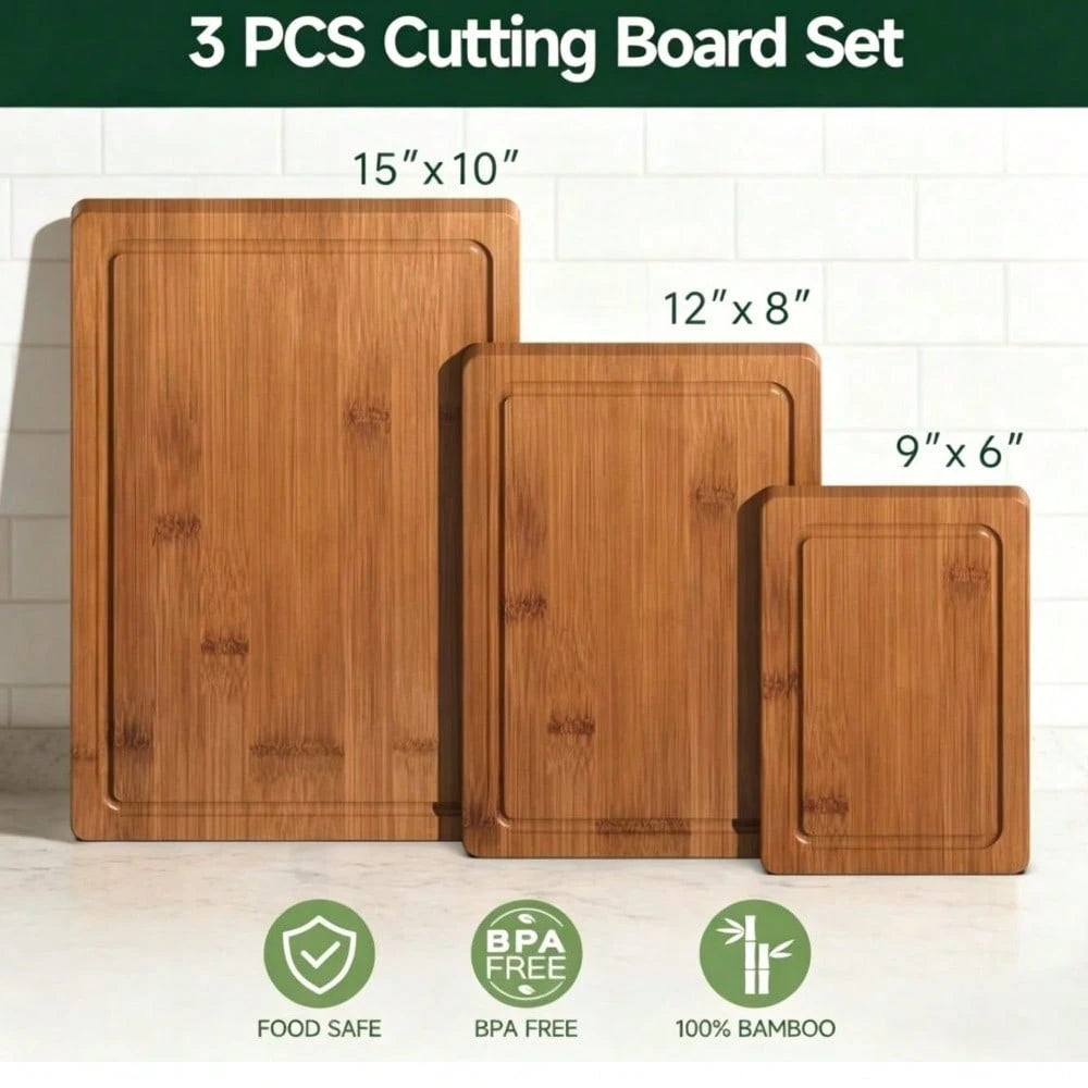 3-Piece Bamboo Cutting Board Set, Crack-Resistant With Juice Grooves, Pre-Oiled & Carbonized For Meat, Vegetables & Cheese