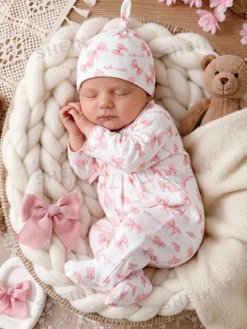 3-Piece Newborn Baby Girls Cute Jumpsuit Romper Light Pink Autumn Family Matching Bow Knot Alphabet Letter Print Ribbed Knit Footed Pajamas Sleepwear