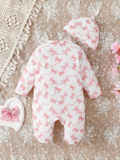 3-Piece Newborn Baby Girls Cute Jumpsuit Romper Light Pink Autumn Family Matching Bow Knot Alphabet Letter Print Ribbed Knit Footed Pajamas Sleepwear