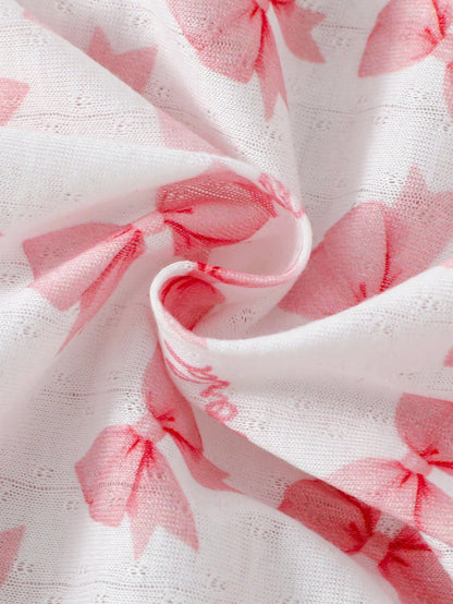 3-Piece Newborn Baby Girls Cute Jumpsuit Romper Light Pink Autumn Family Matching Bow Knot Alphabet Letter Print Ribbed Knit Footed Pajamas Sleepwear