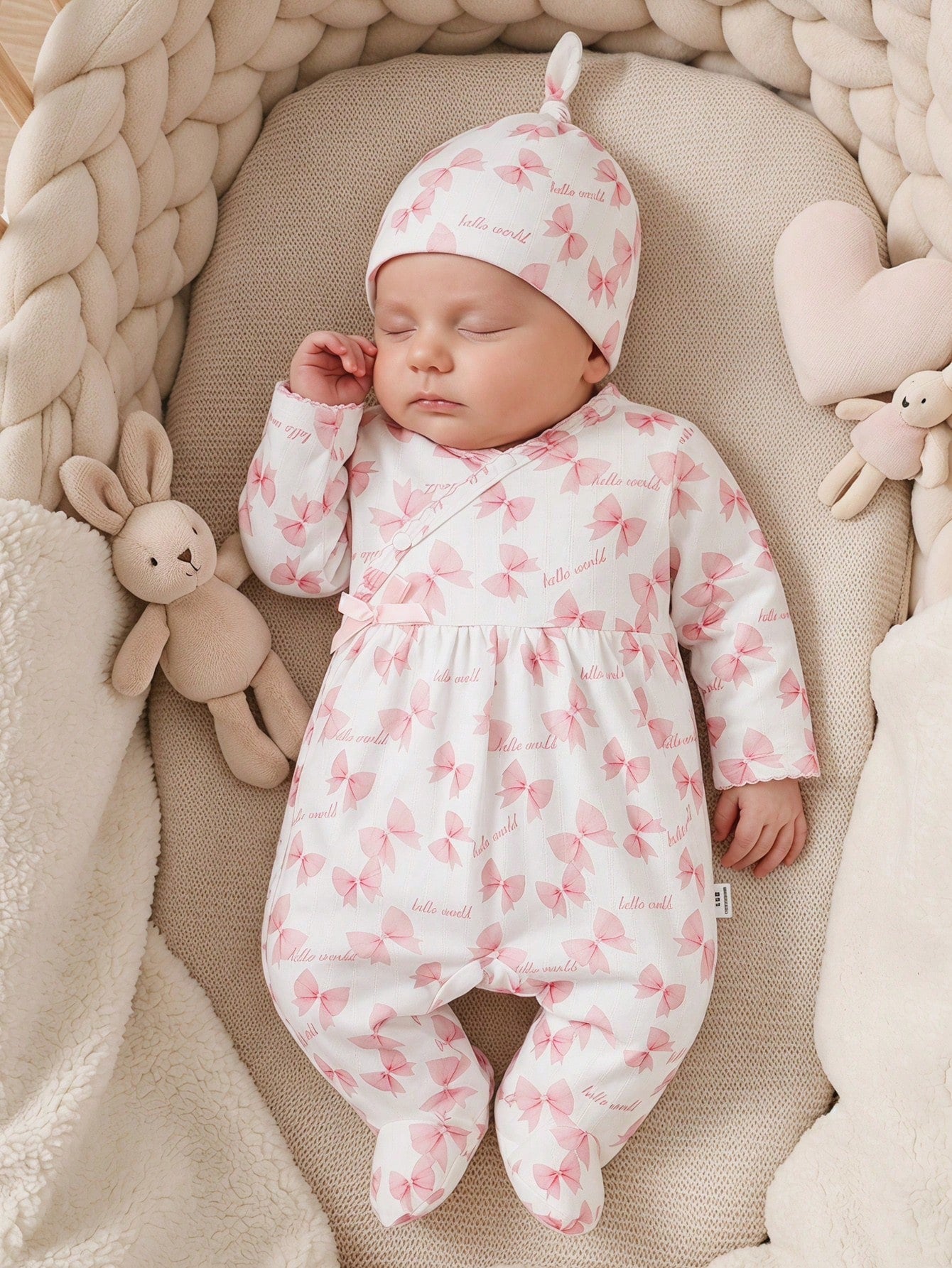 3-Piece Newborn Baby Girls Cute Jumpsuit Romper Light Pink Autumn Family Matching Bow Knot Alphabet Letter Print Ribbed Knit Footed Pajamas Sleepwear