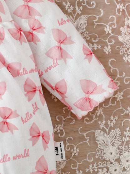 3-Piece Newborn Baby Girls Cute Jumpsuit Romper Light Pink Autumn Family Matching Bow Knot Alphabet Letter Print Ribbed Knit Footed Pajamas Sleepwear