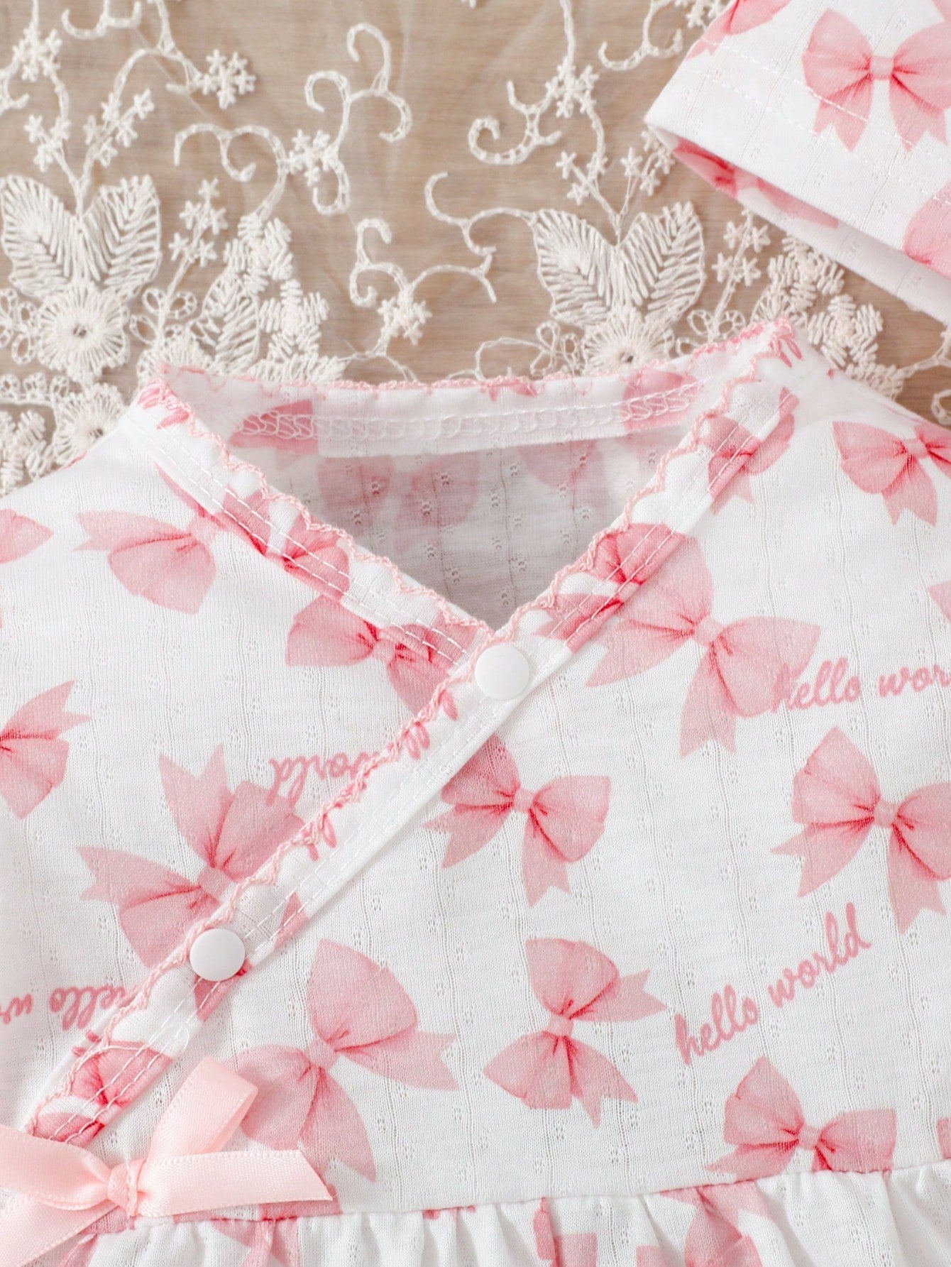 3-Piece Newborn Baby Girls Cute Jumpsuit Romper Light Pink Autumn Family Matching Bow Knot Alphabet Letter Print Ribbed Knit Footed Pajamas Sleepwear