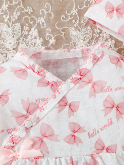 3-Piece Newborn Baby Girls Cute Jumpsuit Romper Light Pink Autumn Family Matching Bow Knot Alphabet Letter Print Ribbed Knit Footed Pajamas Sleepwear