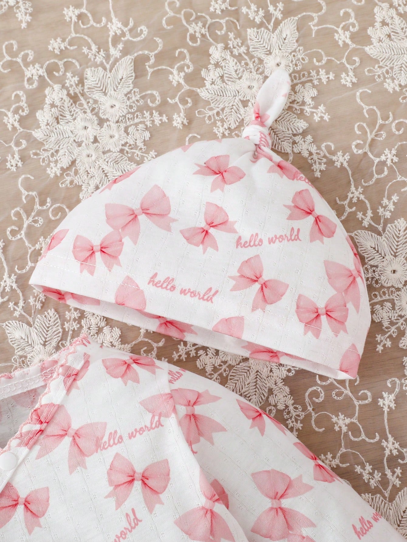 3-Piece Newborn Baby Girls Cute Jumpsuit Romper Light Pink Autumn Family Matching Bow Knot Alphabet Letter Print Ribbed Knit Footed Pajamas Sleepwear