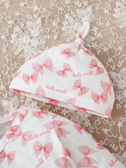 3-Piece Newborn Baby Girls Cute Jumpsuit Romper Light Pink Autumn Family Matching Bow Knot Alphabet Letter Print Ribbed Knit Footed Pajamas Sleepwear