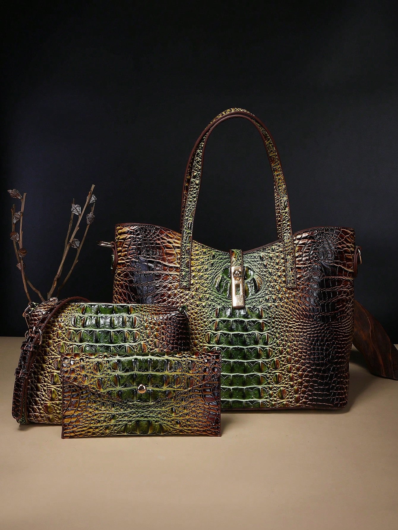 3-Piece Set: Colorful Crocodile Pattern Large Capacity Faux Leather Tote & Crossbody Bags With Matching Wallet Combo