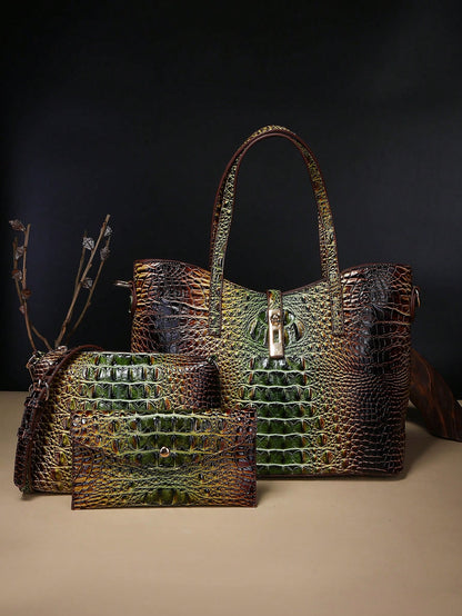3-Piece Set: Colorful Crocodile Pattern Large Capacity Faux Leather Tote & Crossbody Bags With Matching Wallet Combo