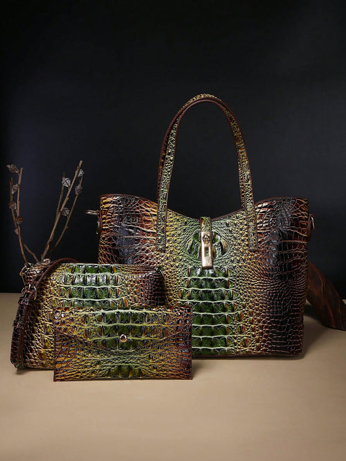3-Piece Set: Colorful Crocodile Pattern Large Capacity Faux Leather Tote & Crossbody Bags With Matching Wallet Combo