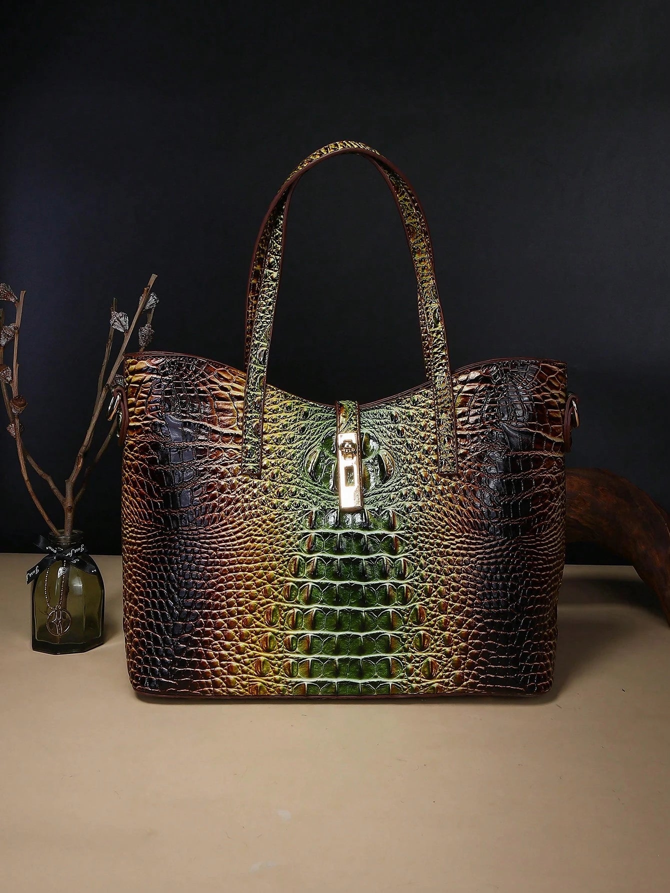 3-Piece Set: Colorful Crocodile Pattern Large Capacity Faux Leather Tote & Crossbody Bags With Matching Wallet Combo