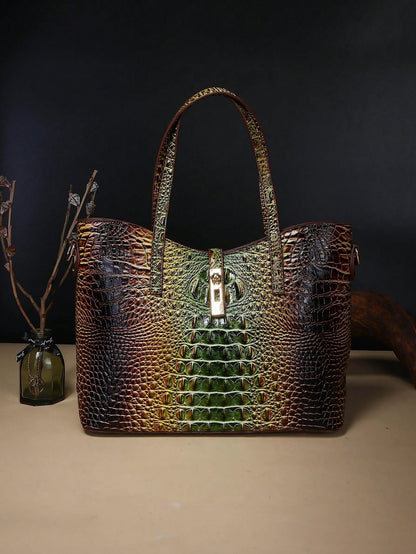 3-Piece Set: Colorful Crocodile Pattern Large Capacity Faux Leather Tote & Crossbody Bags With Matching Wallet Combo