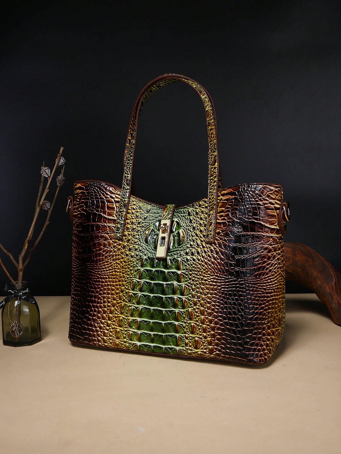 3-Piece Set: Colorful Crocodile Pattern Large Capacity Faux Leather Tote & Crossbody Bags With Matching Wallet Combo