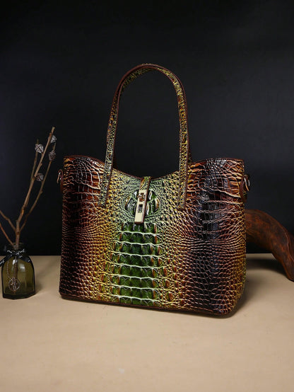 3-Piece Set: Colorful Crocodile Pattern Large Capacity Faux Leather Tote & Crossbody Bags With Matching Wallet Combo