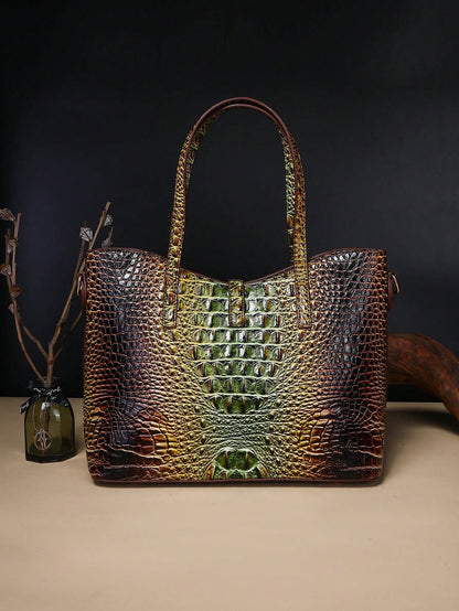 3-Piece Set: Colorful Crocodile Pattern Large Capacity Faux Leather Tote & Crossbody Bags With Matching Wallet Combo