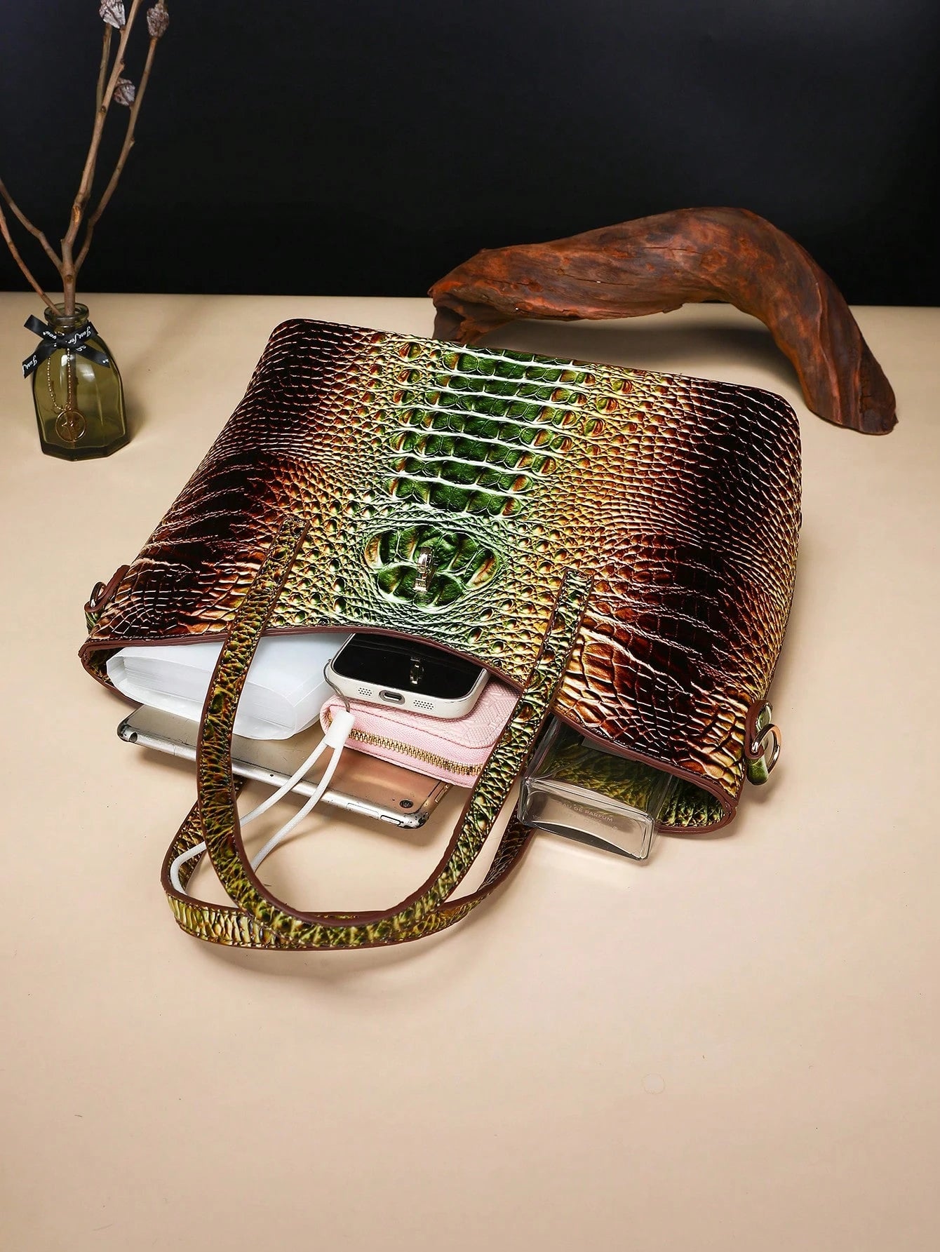 3-Piece Set: Colorful Crocodile Pattern Large Capacity Faux Leather Tote & Crossbody Bags With Matching Wallet Combo