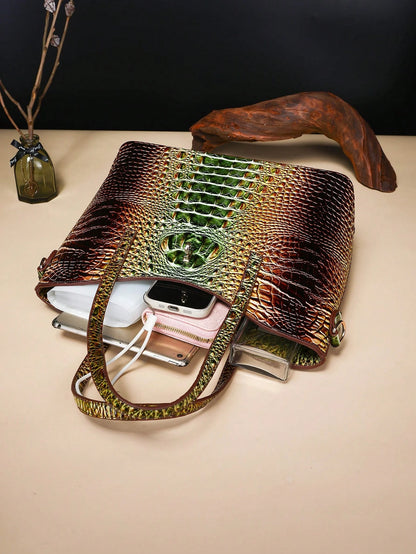 3-Piece Set: Colorful Crocodile Pattern Large Capacity Faux Leather Tote & Crossbody Bags With Matching Wallet Combo