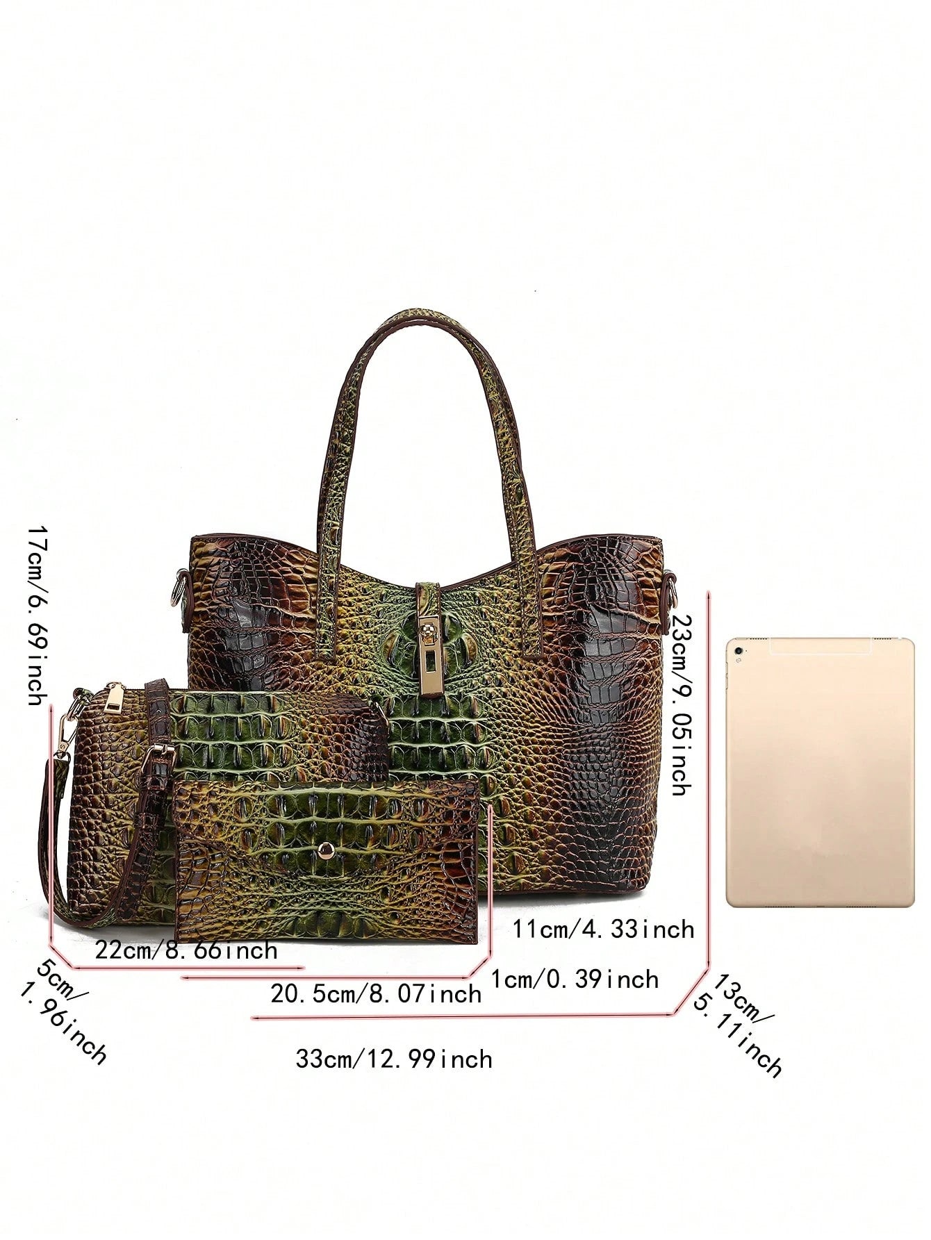 3-Piece Set: Colorful Crocodile Pattern Large Capacity Faux Leather Tote & Crossbody Bags With Matching Wallet Combo