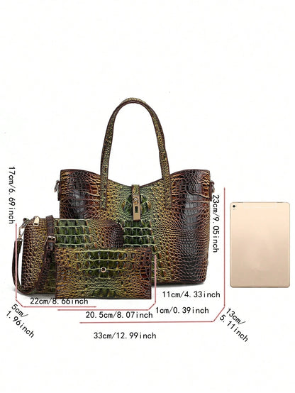 3-Piece Set: Colorful Crocodile Pattern Large Capacity Faux Leather Tote & Crossbody Bags With Matching Wallet Combo