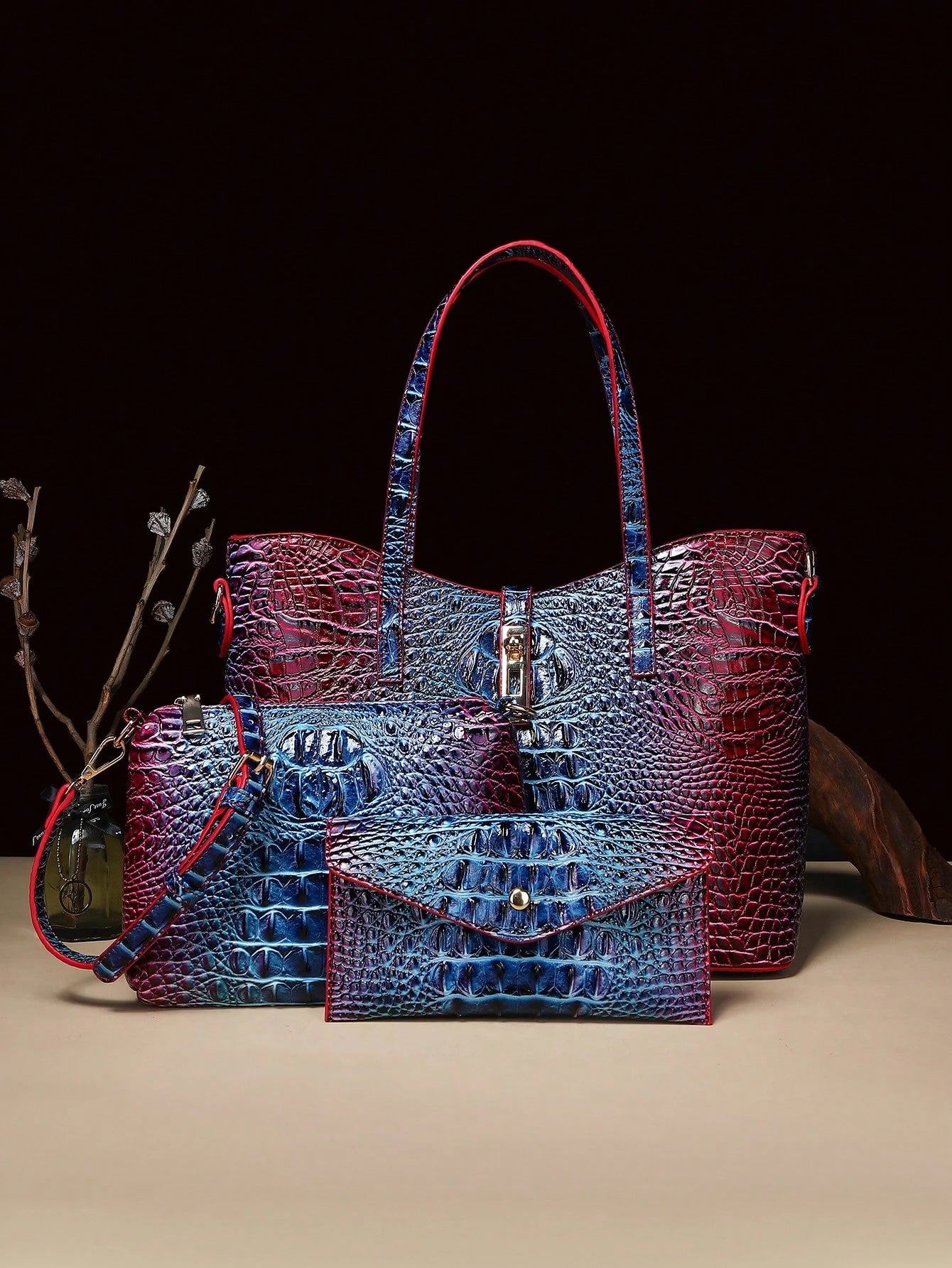 3-Piece Set: Colorful Crocodile Pattern Large Capacity Faux Leather Tote & Crossbody Bags With Matching Wallet Combo