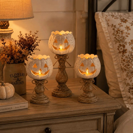 3 Sizes Layered White Pumpkin Pedestal Candle Holders, Distressed Finish Jack O Lantern Tealight Holders For Standard Tea Light Candles, Rustic Farmhouse Indoor Table Centerpiece Decor For Fall Hallow