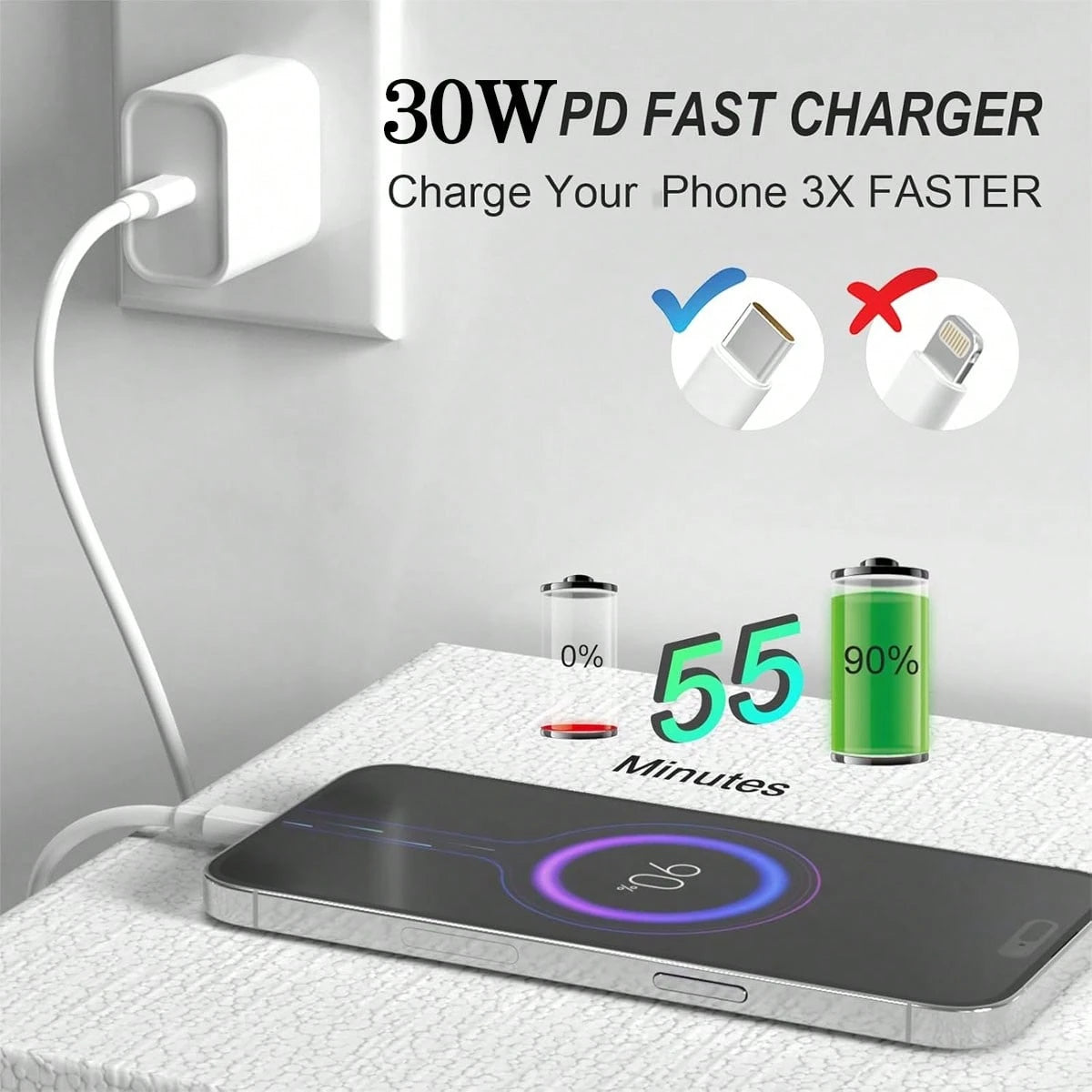 30W Phone Charger Fast Charging Wall Adapter + 3.3ft/100cm High-Efficiency Data Transfer Fast Charging Cable Compatible With IPhone 17 Pro Max/17 Pro/17/Air/16/15/ S25/S24/S23/S22/S21/S20/ Series