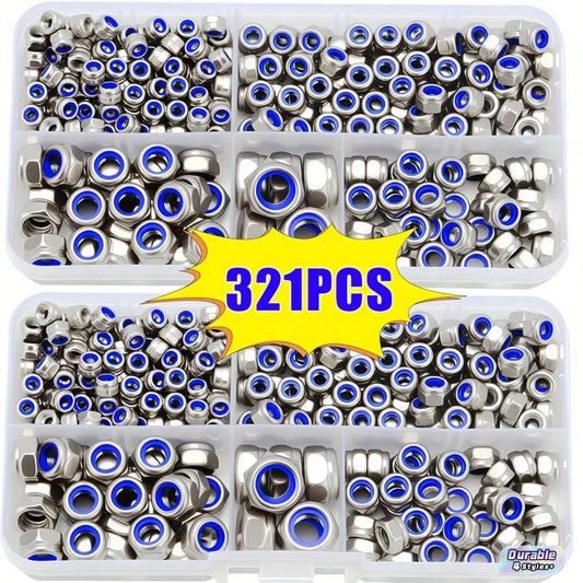 321 Pcs Grade A Stainless Steel Nuts Assortment Kit, Sizes M3 M4 M5 M6 M8 With Nylon Locking Inserts, Right Tooth Anti-Loosening Design, Transparent Storage Case, Perfect For Home Decoration Projects