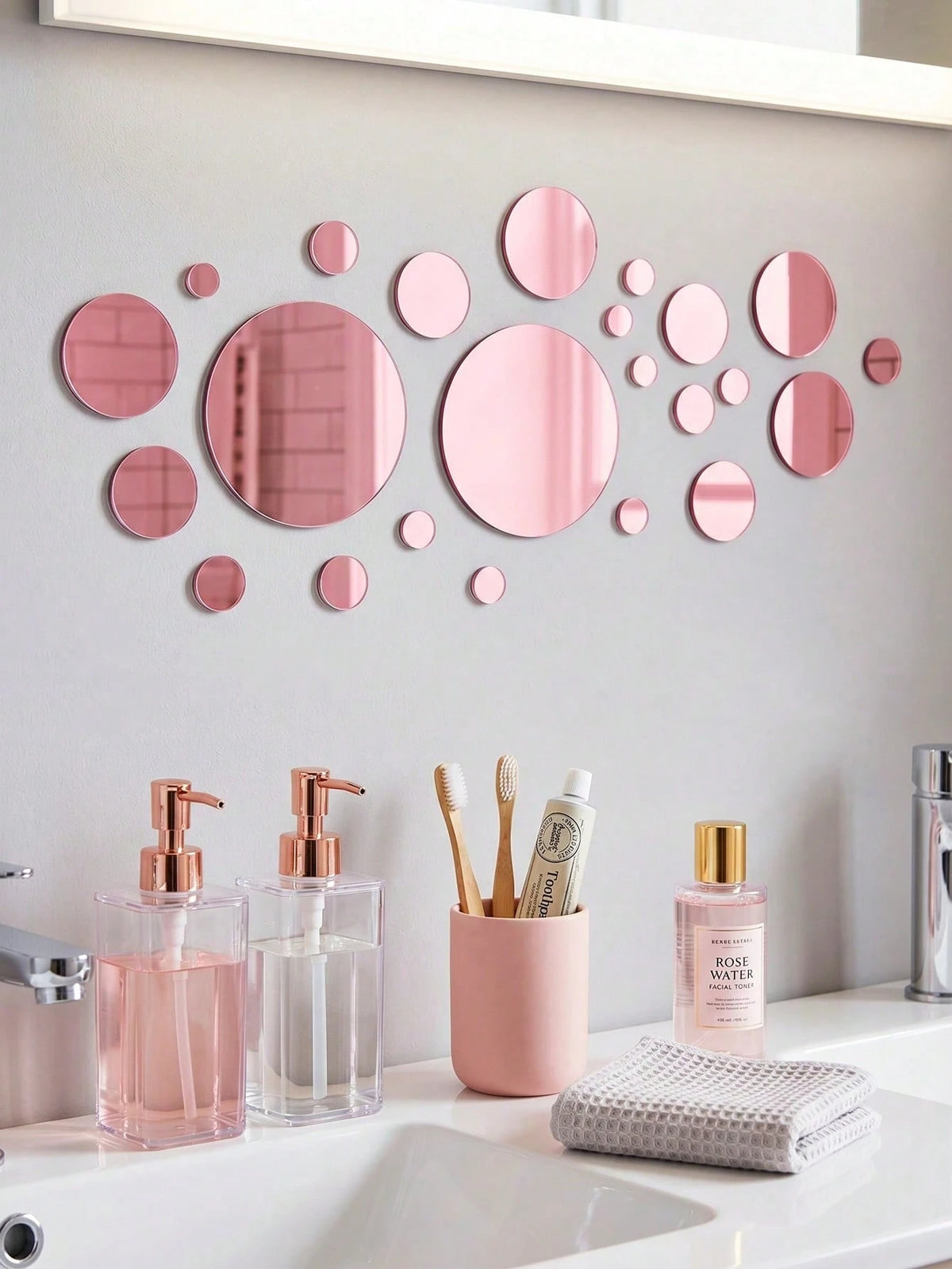 32pcs Rose Gold Round Mirror Wall Stickers, DIY Acrylic Mirror Wall Stickers, Round Mirror Effect Tile Stickers, Room Decor Wall Mirror, Bedroom Vanity Decor, Home Decor, Wall Decor, Bathroom Decor