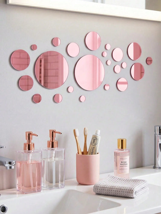 32pcs Rose Gold Round Mirror Wall Stickers, DIY Acrylic Mirror Wall Stickers, Round Mirror Effect Tile Stickers, Room Decor Wall Mirror, Bedroom Vanity Decor, Home Decor, Wall Decor, Bathroom Decor