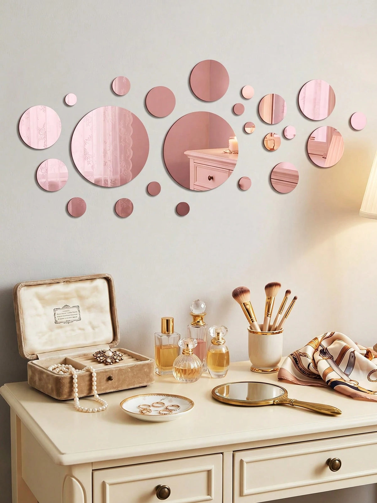 32pcs Rose Gold Round Mirror Wall Stickers, DIY Acrylic Mirror Wall Stickers, Round Mirror Effect Tile Stickers, Room Decor Wall Mirror, Bedroom Vanity Decor, Home Decor, Wall Decor, Bathroom Decor