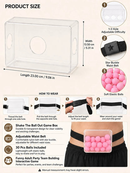 32pcs- Shake Ball Waist Box Game Set, Includes 1 Transparent Box, 1 Adjustable Star-Shaped Buckle Belt And 30 Pink Balls. Fun Party Team Building Icebreaker Game, Suitable For Birthday Celebrations, B
