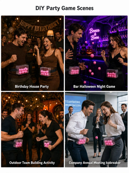 32pcs- Shake Ball Waist Box Game Set, Includes 1 Transparent Box, 1 Adjustable Star-Shaped Buckle Belt And 30 Pink Balls. Fun Party Team Building Icebreaker Game, Suitable For Birthday Celebrations, B