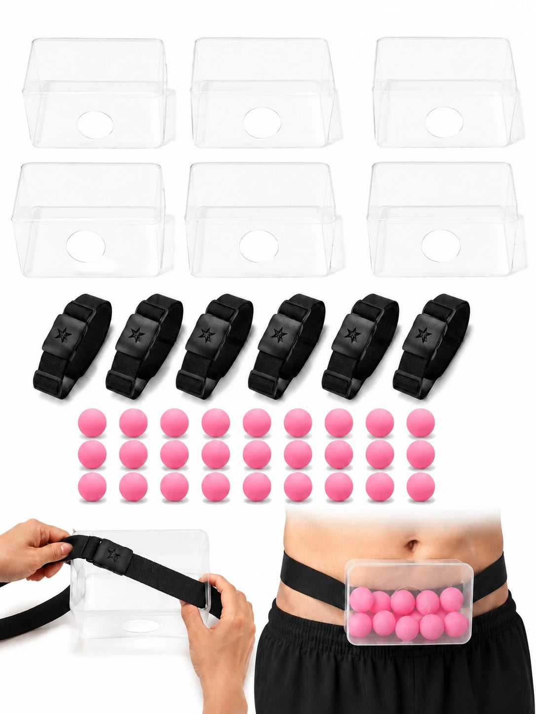 32pcs- Shake Ball Waist Box Game Set, Includes 1 Transparent Box, 1 Adjustable Star-Shaped Buckle Belt And 30 Pink Balls. Fun Party Team Building Icebreaker Game, Suitable For Birthday Celebrations, B