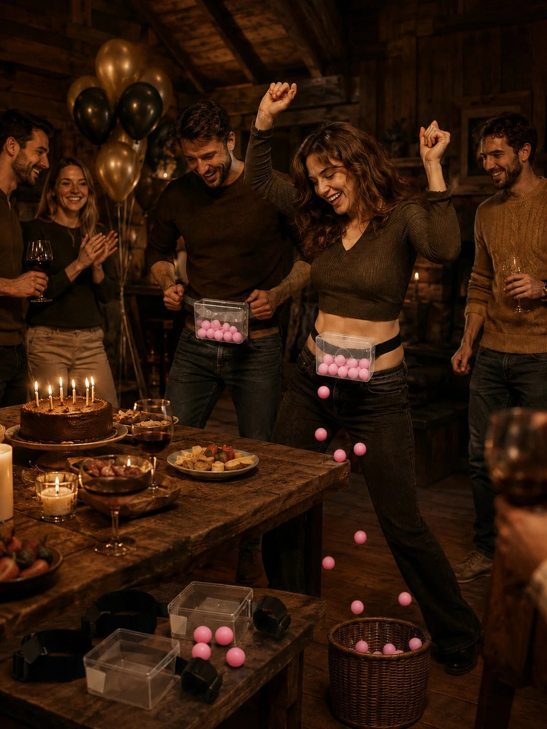 32pcs- Shake Ball Waist Box Game Set, Includes 1 Transparent Box, 1 Adjustable Star-Shaped Buckle Belt And 30 Pink Balls. Fun Party Team Building Icebreaker Game, Suitable For Birthday Celebrations, B