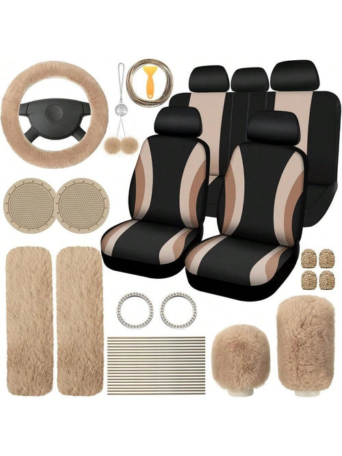 35-Piece Car Seat Cover Set With Steering Wheel Cover, Cup Holder Coasters, Shoulder Pads, And Accessories- Polyester Fabric Interior Decor Kit Without Filler