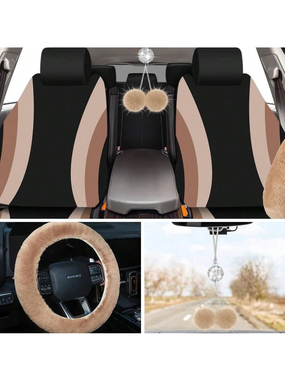 35-Piece Car Seat Cover Set With Steering Wheel Cover, Cup Holder Coasters, Shoulder Pads, And Accessories- Polyester Fabric Interior Decor Kit Without Filler