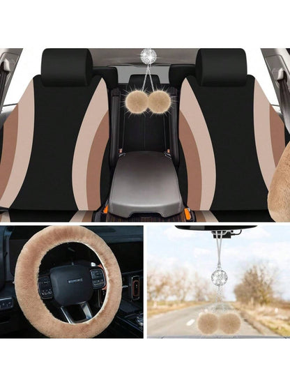 35-Piece Car Seat Cover Set With Steering Wheel Cover, Cup Holder Coasters, Shoulder Pads, And Accessories- Polyester Fabric Interior Decor Kit Without Filler