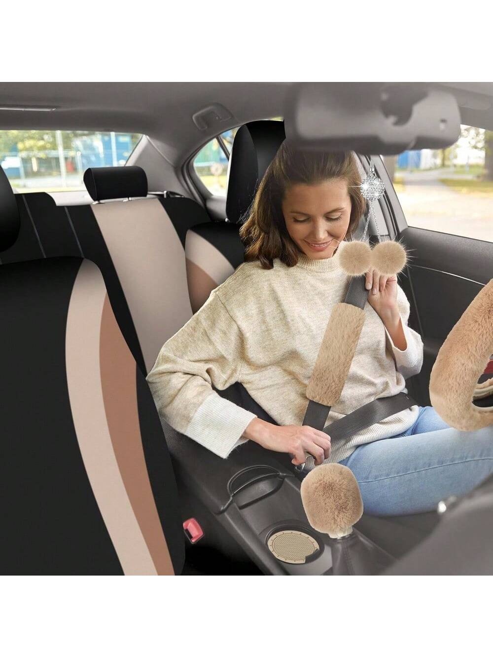 35-Piece Car Seat Cover Set With Steering Wheel Cover, Cup Holder Coasters, Shoulder Pads, And Accessories- Polyester Fabric Interior Decor Kit Without Filler