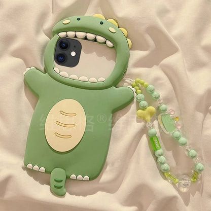 3D Cute Green Dinosaur Silicone Phone Case, With Beaded Wrist Strap, Shockproof Protective Cover, Suitable For. A Thoughtful Gift For Women-Perfect For Birthdays, Christmas, Halloween, Mother's Day, A