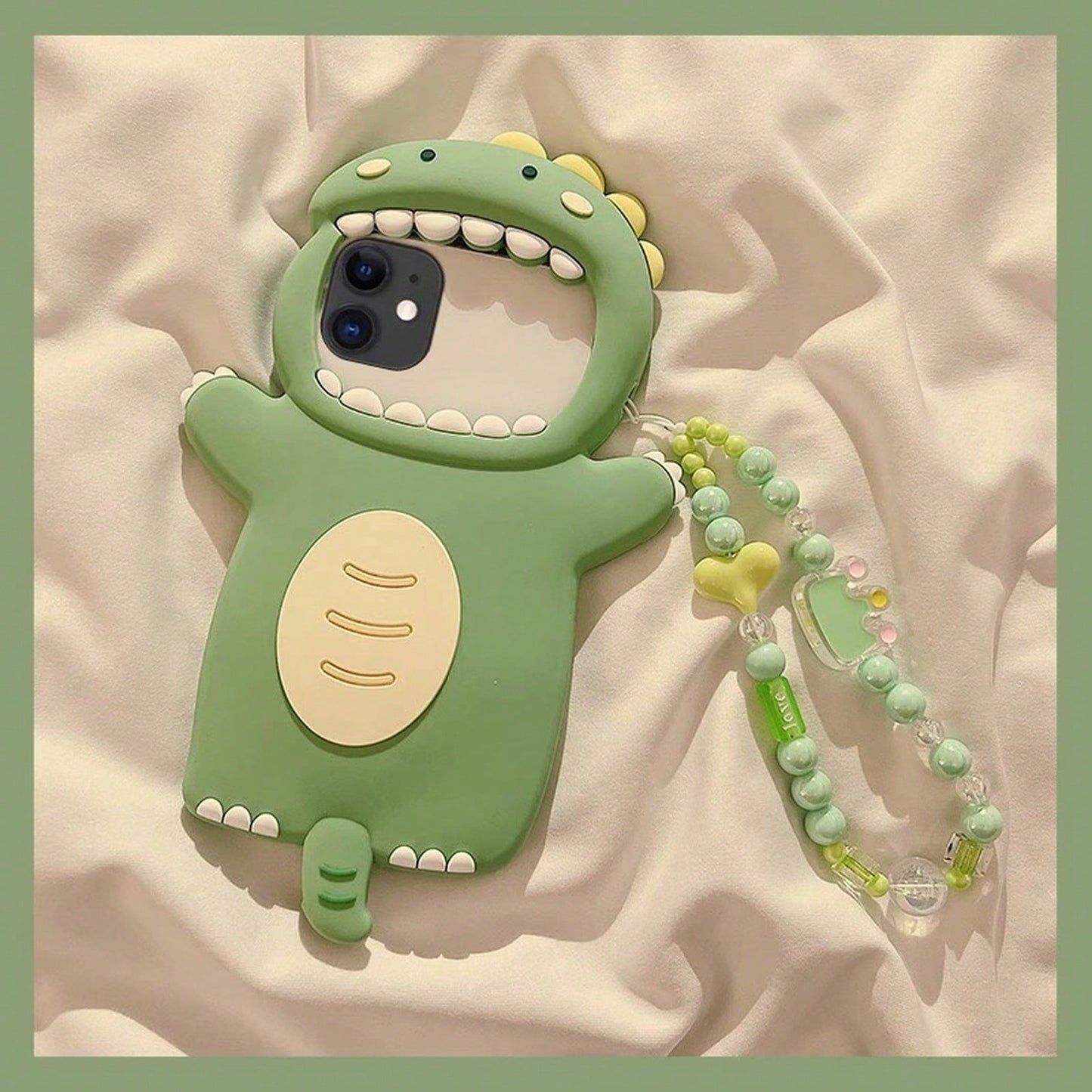 3D Cute Green Dinosaur Silicone Phone Case, With Beaded Wrist Strap, Shockproof Protective Cover, Suitable For. A Thoughtful Gift For Women-Perfect For Birthdays, Christmas, Halloween, Mother's Day, A