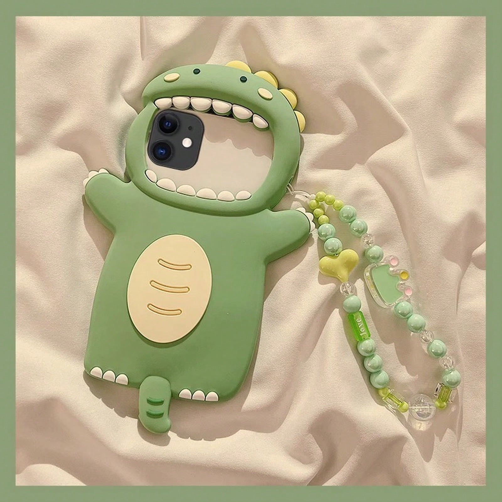 3D Cute Green Dinosaur Silicone Phone Case, With Beaded Wrist Strap, Shockproof Protective Cover, Suitable For. A Thoughtful Gift For Women-Perfect For Birthdays, Christmas, Halloween, Mother's Day, A
